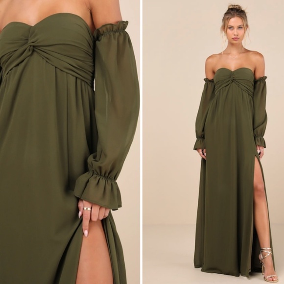 LULU's Long Sleeve Romantic Flowy Elegant Boho Bridesmaid Wedding Olive Gown - Picture 1 of 5